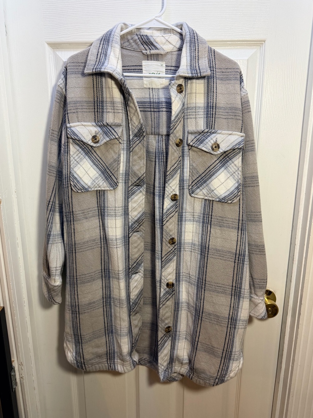 Plaid Button-Front Shacket Jacket in Beige and Blue